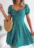 Casual Flared Sleeve Drawstring Floral Print Dress