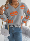 Halloween Color-Blocked Pumpkin Cut-Out Long-Sleeved Pullover Sweater