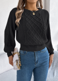 Solid Color Cable Knitted Lantern Long-Sleeved Waisted Pullover Sweater