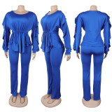 Fashionable Elastic Slim Fit Lace Drawstring Long Sleeve Waist Two-piece Suit