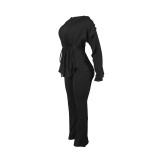Fashionable Elastic Slim Fit Lace Drawstring Long Sleeve Waist Two-piece Suit