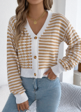 Autumn And Winter Contrast Striped Lantern Long-Sleeved Cardigan Sweater Short Coat