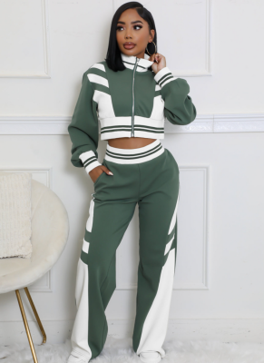 Double-Layer Threaded Stitching Contrasting Color Long-Sleeved Jacket And Wide-Leg Pants Two-Piece Set