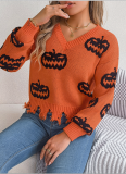 Halloween Color-Blocked Pumpkin Cut-Out Long-Sleeved Pullover Sweater