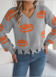 Halloween Color-Blocked Pumpkin Cut-Out Long-Sleeved Pullover Sweater