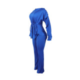Fashionable Elastic Slim Fit Lace Drawstring Long Sleeve Waist Two-piece Suit