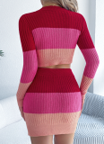 Colorblock Long-Sleeved Belly-Baring Top And Hip Skirt Knitted Two-Piece Set