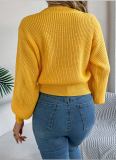 Solid Color Cable Knitted Lantern Long-Sleeved Waisted Pullover Sweater
