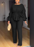 Fashionable Elastic Slim Fit Lace Drawstring Long Sleeve Waist Two-piece Suit