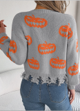 Halloween Color-Blocked Pumpkin Cut-Out Long-Sleeved Pullover Sweater