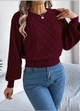 Solid Color Cable Knitted Lantern Long-Sleeved Waisted Pullover Sweater