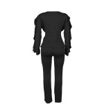 Fashionable Elastic Slim Fit Lace Drawstring Long Sleeve Waist Two-piece Suit