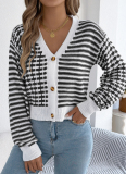 Autumn And Winter Contrast Striped Lantern Long-Sleeved Cardigan Sweater Short Coat