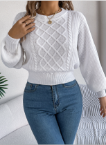 Solid Color Cable Knitted Lantern Long-Sleeved Waisted Pullover Sweater