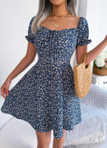 Casual Flared Sleeve Drawstring Floral Print Dress