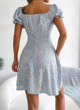 Casual Flared Sleeve Drawstring Floral Print Dress
