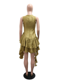 Round Neck Glitter Silk Irregular Pleated Solid Color Dress