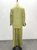 Green Celebrities Solid Color Pleated Turndown Collar Long Sleeve Two Pieces