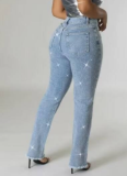Fashion Skinny Jeans With Ripped Holes and Rhinestones