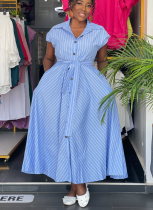 Casual Stripe Buckle Strap Design Turndown Collar Long Dresses