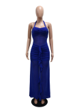 Solid Color Sexy Halter Neck Mesh Splicing Slit Dress
