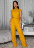 Round Neck Short Sleeve Lace Panel Wide Leg Jumpsuit