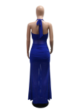 Solid Color Sexy Halter Neck Mesh Splicing Slit Dress