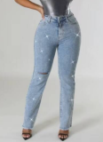 Fashion Skinny Jeans With Ripped Holes and Rhinestones