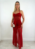 Solid Color Sexy Halter Neck Mesh Splicing Slit Dress