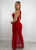 Solid Color Sexy Halter Neck Mesh Splicing Slit Dress