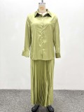 Green Celebrities Solid Color Pleated Turndown Collar Long Sleeve Two Pieces