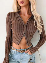 Fashionable Long-Sleeved Zipper Sweater Casual Cropped Top