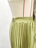 Green Celebrities Solid Color Pleated Turndown Collar Long Sleeve Two Pieces