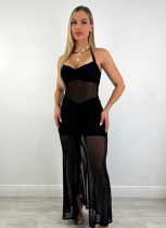 Solid Color Sexy Halter Neck Mesh Splicing Slit Dress