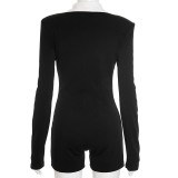Fashion Rose Metal Button Lapel Long Sleeve Tight Shorts Jumpsuit