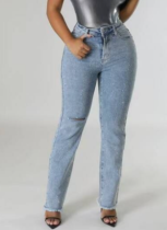 Fashion Skinny Jeans With Ripped Holes and Rhinestones