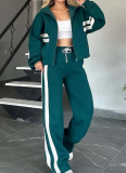 Striped Zipper Top Jacket Wide-Leg Pants Casual Suit