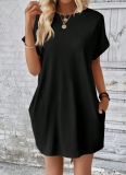 Solid Color Round Neck Loose Short Sleeve Pocket Dress