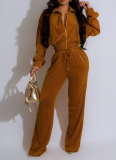 Fashionable Long-sleeved Lapel Zipper Cardigan and Trousers Two-piece Set