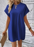 Solid Color Round Neck Loose Short Sleeve Pocket Dress
