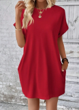 Solid Color Round Neck Loose Short Sleeve Pocket Dress