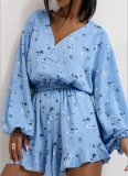 Printed V-Neck Long-Sleeved Shorts Jumpsuit