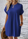 Solid Color Round Neck Loose Short Sleeve Pocket Dress