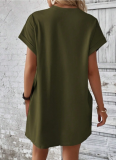 Solid Color Round Neck Loose Short Sleeve Pocket Dress