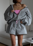 Fashion Loose Long Sleeve Zipper Cardigan Jacket Drawstring Wide Leg Shorts Set