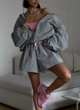 Fashion Loose Long Sleeve Zipper Cardigan Jacket Drawstring Wide Leg Shorts Set