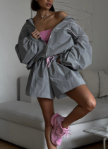 Fashion Loose Long Sleeve Zipper Cardigan Jacket Drawstring Wide Leg Shorts Set