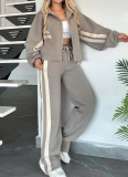 Striped Zipper Top Jacket Wide-Leg Pants Casual Suit