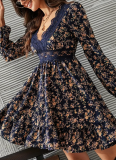 V-Neck Floral Long-Sleeved Waist-Hugging Lace Dress