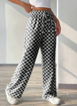 Plaid Print Pocket Straight Wide Leg Pants Women's